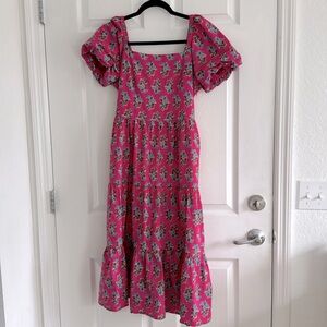 J Crew Pink Puff Sleeve Floral Midi Dress Size 2